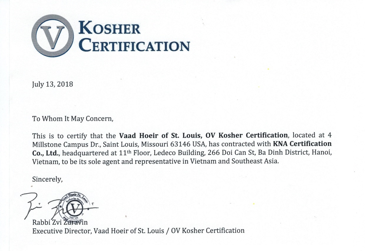 Vaad Hoeir Of St.Louis – KOSHER标准的正式单位 指定KNA CERT在越南拨发KOSHER证书