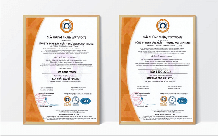 Cấp Chứng Nhận ISO 9001:2015 và ISO 14001:2015 cho Công ty TNHH Sản Xuất - Thương Mại Di Phong