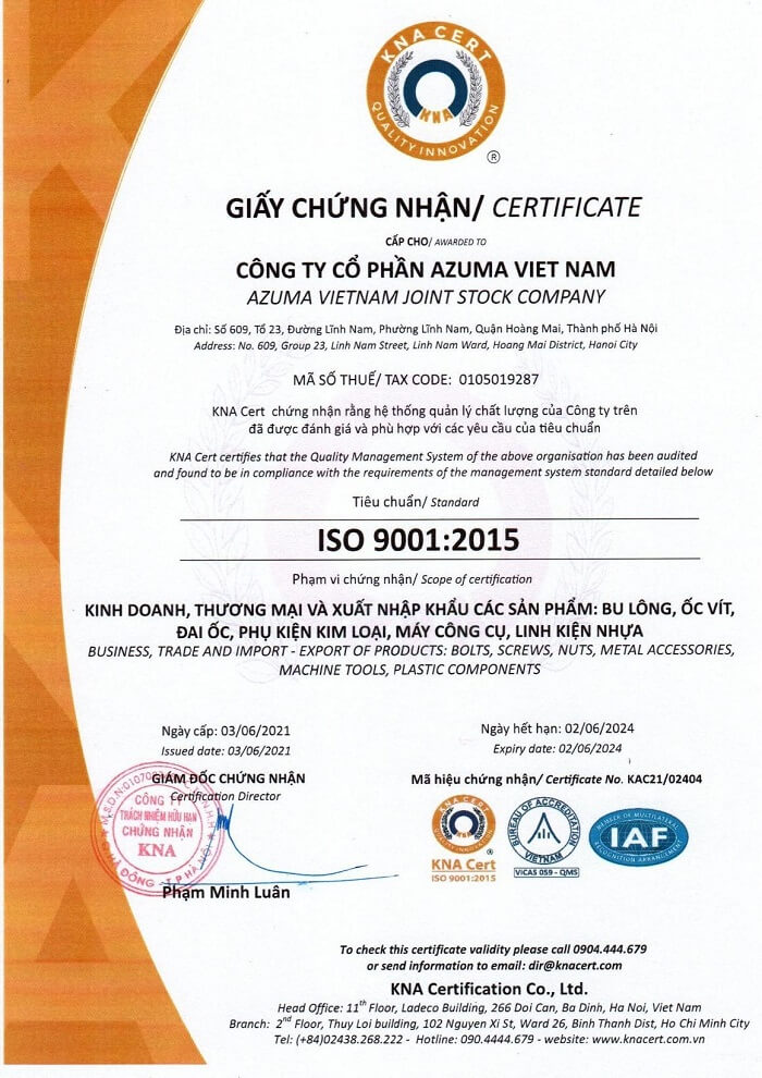 chứng nhận iso 9001 2015 cho công ty azuma việt nam 