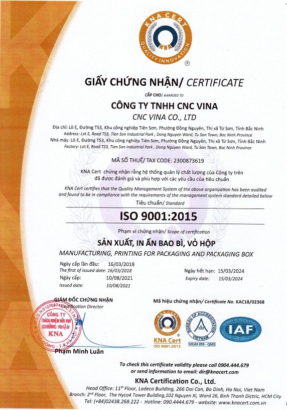 Chứng nhận ISO 9001:2015 của Công ty TNHH CNC Vina