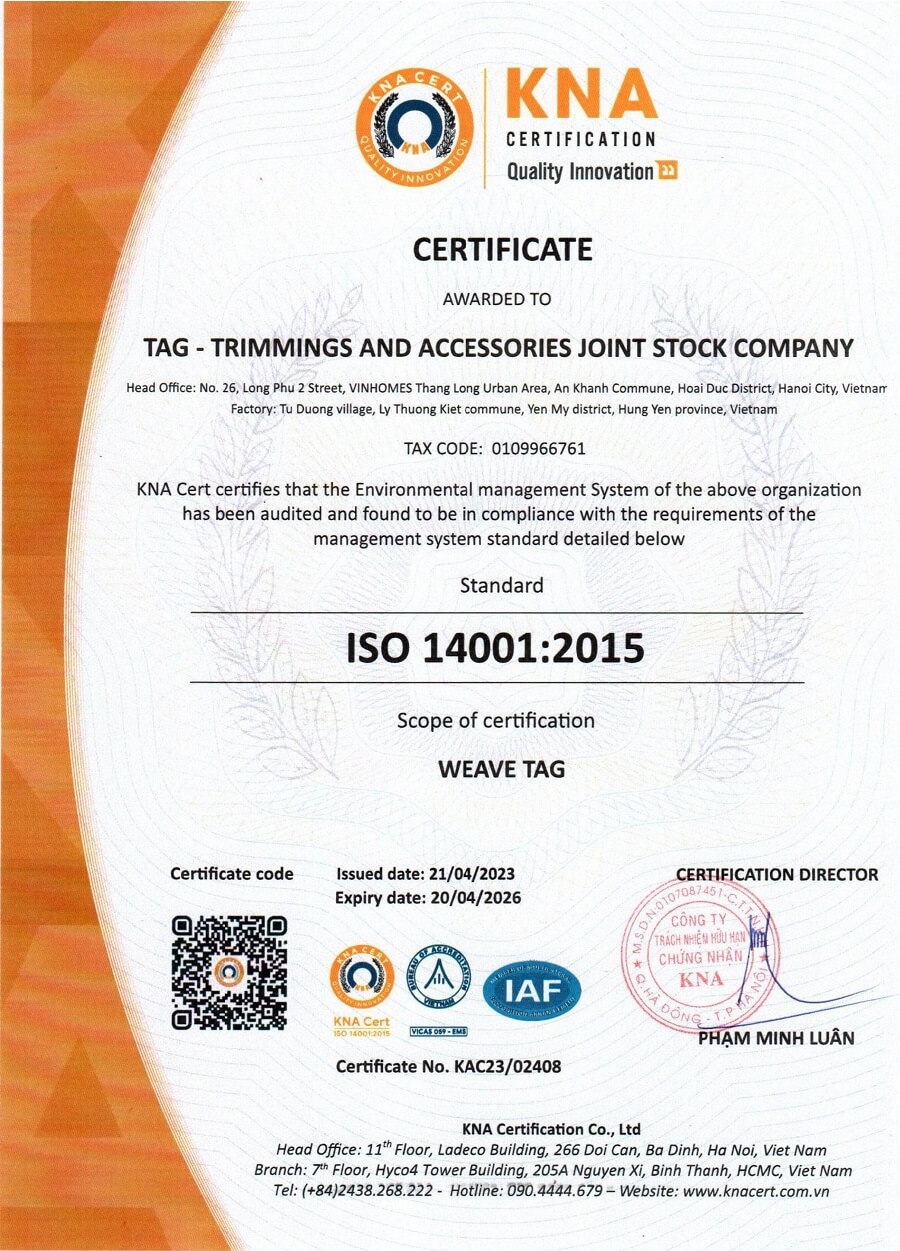 mẫu giấy chứng nhận iso 14001:2015