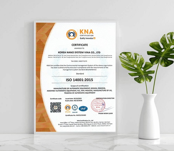KNA cấp chứng nhận ISO 14001 cho Công ty TNHH Korea Nano System Vina 2 chứng nhận iso 14001:2015