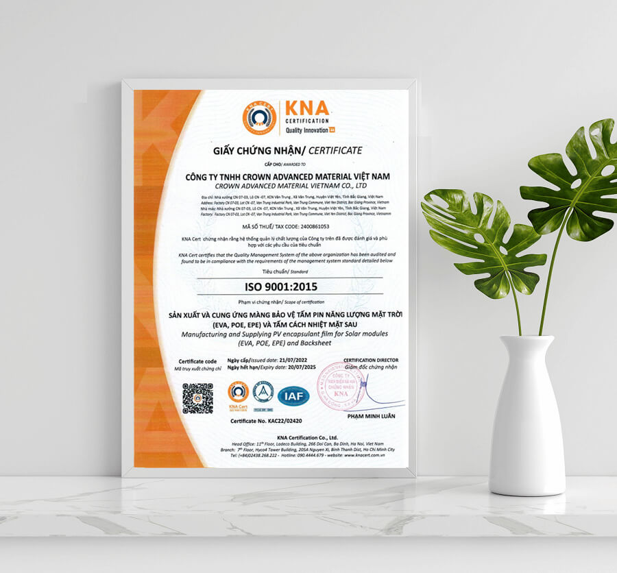 Công ty TNHH Crown Advance Material Việt Nam Đạt Chứng Nhận ISO 9001:2015 và ISO 14001 2 CHỨNG NHẬN ISO 9001 CHO CROW