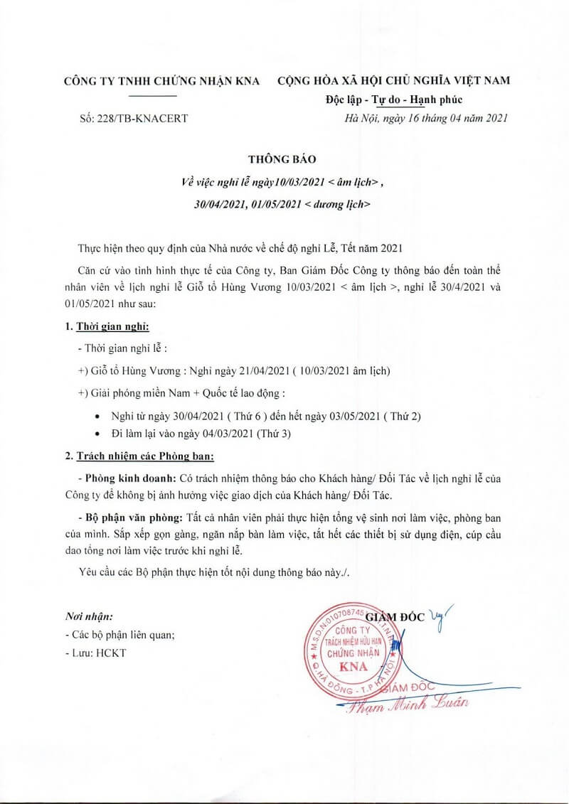 THÔNG BÁO NGHỈ LỄ