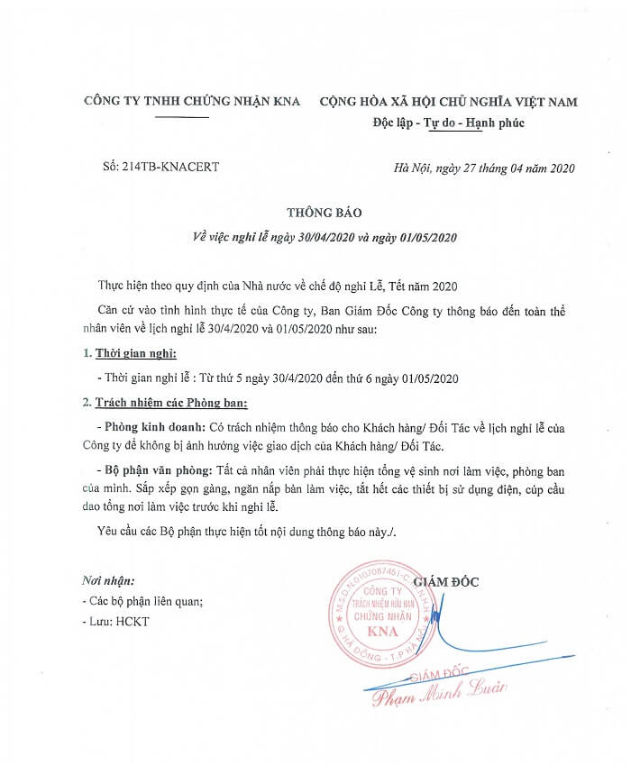 THÔNG BÁO NGHỈ LỄ 